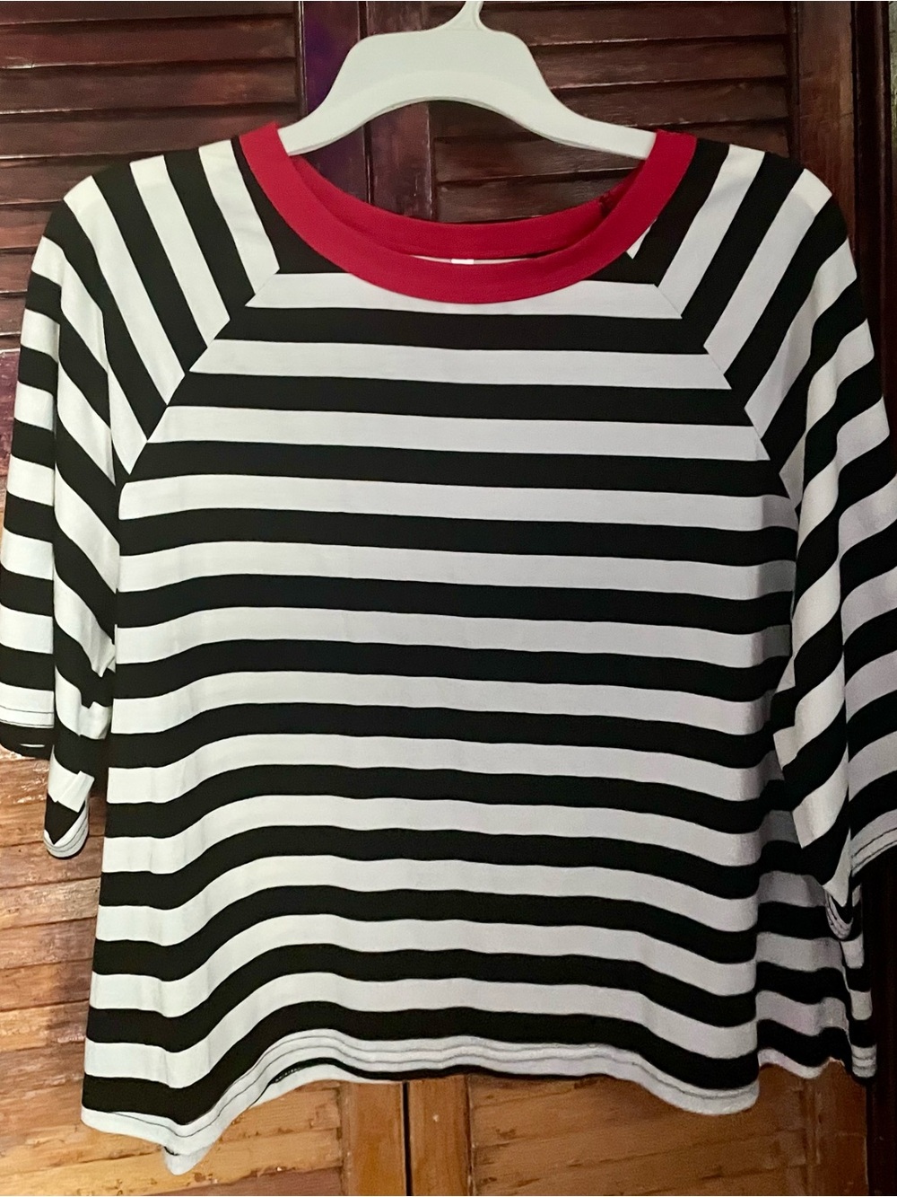 Black & White Striped Short Sleeve Top with Red Crew Neck